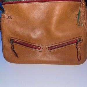 Tan Leather Shoulder Bag with Red Accents